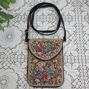 Hand-Beaded Artisan Multicolor Floral Crossbody Bag with Black Strap